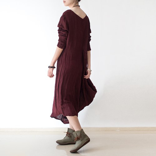 【即納】イレギュラーヘムラインで魅せる★風合いリネンワンピース エンジ