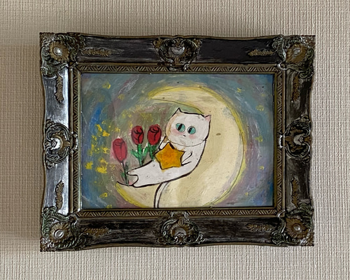 絵画。原画【月の白い猫に美しいバラを三本植えました】 絵画。原画【月の白い猫に美しいバラを三本植えました】 絵画