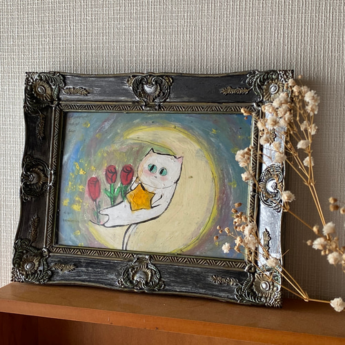 絵画。原画【月の白い猫に美しいバラを三本植えました】 絵画。原画【月の白い猫に美しいバラを三本植えました】 絵画