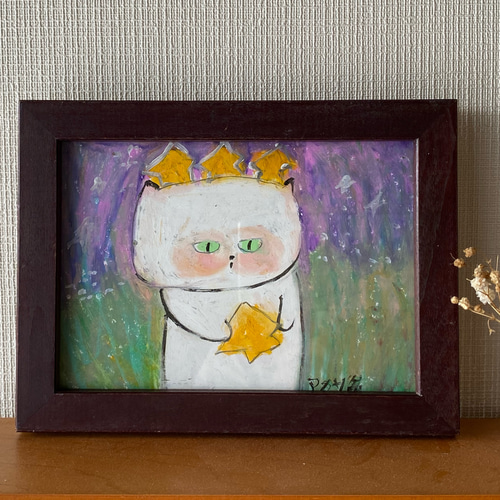 手数料安い 絵画。原画【ラベンダーの花の海に白い猫と星の願い】 絵画 絵画+タペストリー