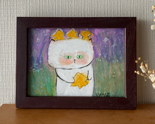 絵画。原画【ラベンダーの花の海に白い猫と星の願い】 絵画。原画【ラベンダーの花の海に白い猫と星の願い】 絵画