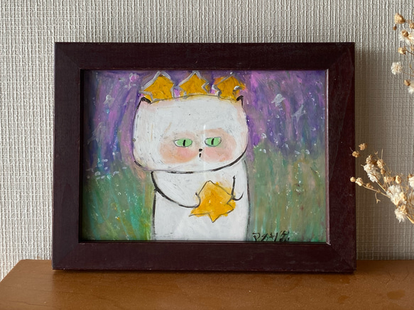 絵画。原画【花の中に星を見たかわいい白い猫】 絵画。原画【花の中に星を見たかわいい白い猫】