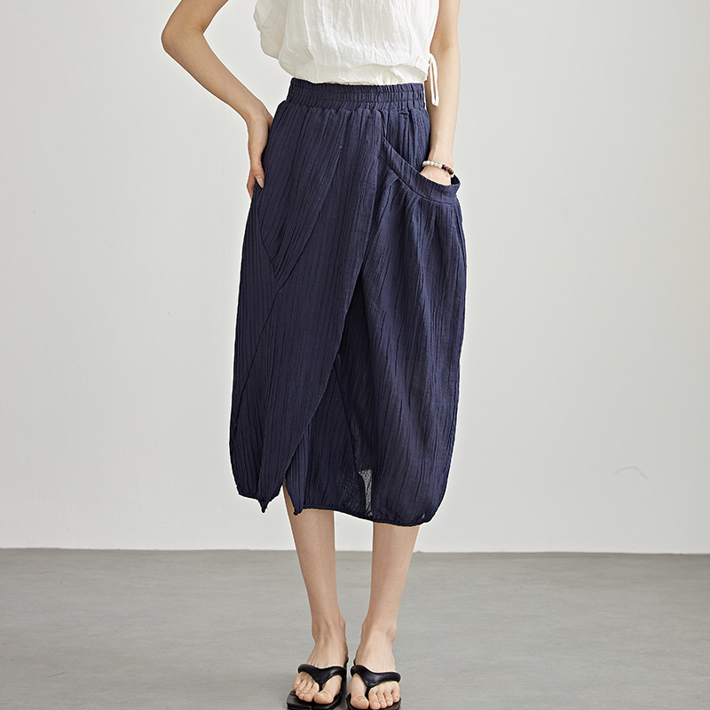 【即納】涼やかな風合いリネン コクーンシルエットのイレギュラーヘムスカート 裏地あり ネイビー