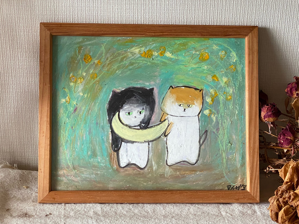 絵画。原画【神秘的な花の基地で、猫ちゃんたちは月を持って未来を楽しみにしている】 絵画。原画【神秘的な花の基地で、猫ちゃんたちは月を持って未来を