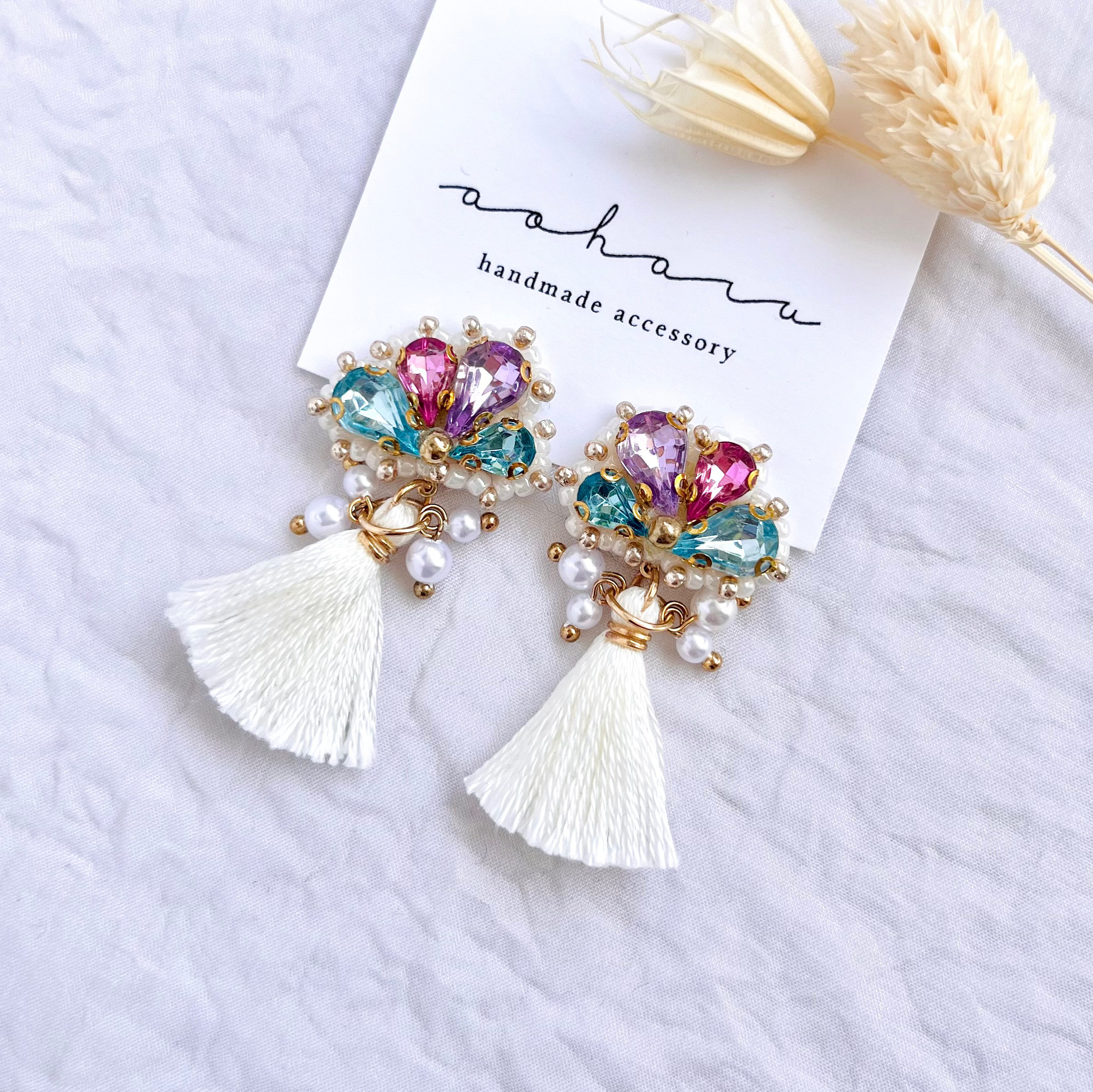 レトロ カラフル ビジュー ×パールタッセル ピアス/イヤリング ピアス  