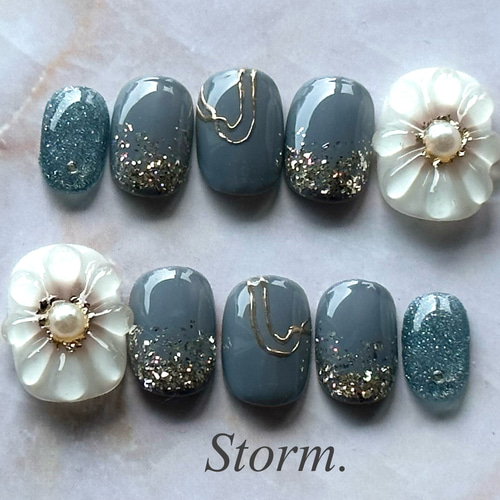 ネイルチップ #02 ブルーグレー マーブル ぷっくりフラワーネイル