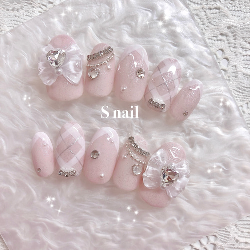 ネイルチップ ピンク リボン チェック フレンチネイル ガーリー ネイル  