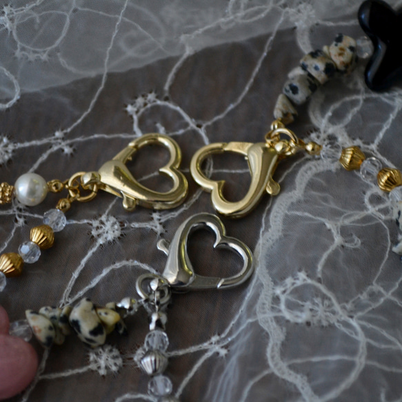 ぷっくりハートやパールのミニハンドストラップ ＆ スマホストラップ　ピンク×シャンパン 6枚目の画像