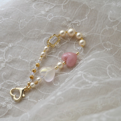 ぷっくりハートやパールのミニハンドストラップ ＆ スマホストラップ　ピンク×シャンパン 2枚目の画像