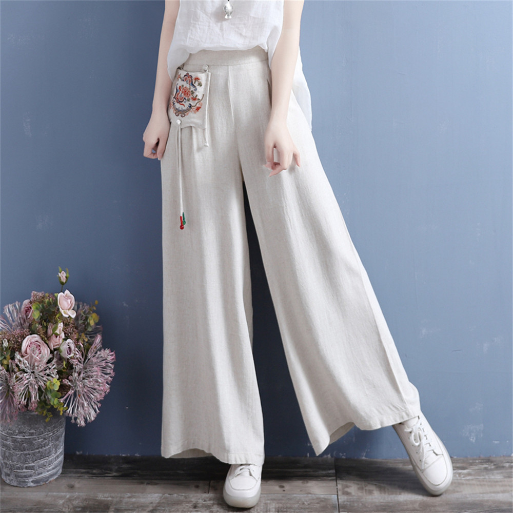 ルーズカジュアルな綿麻レディースストレートロングパンツ