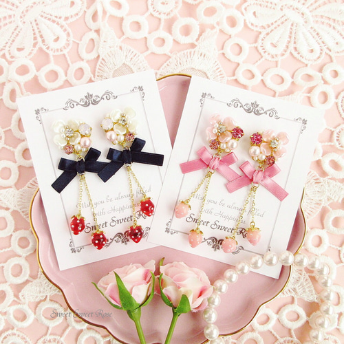 再販】Flower Bijou & Strawberry ～Pink～ イヤリング ピアス 花