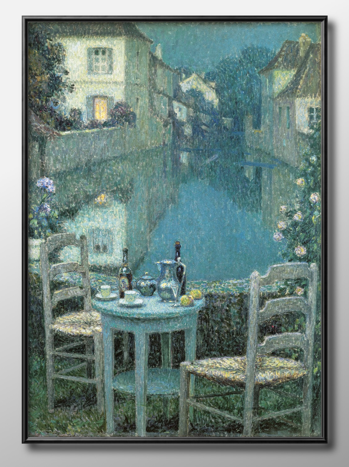 北欧レトロ 夕暮れ 煙突屋根 窓明かりの青い家 油彩画 絵画