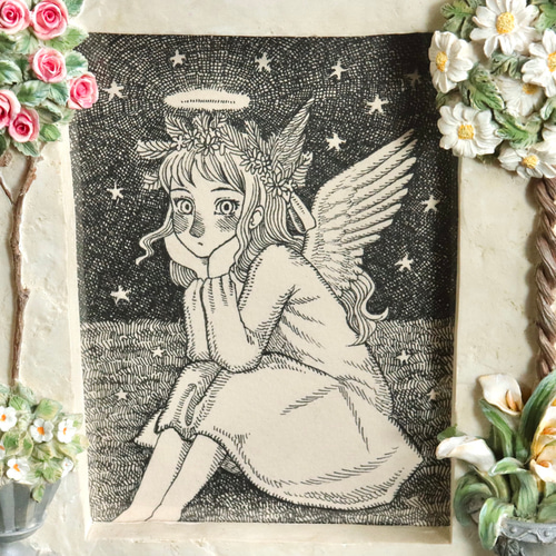 原画】「見つめる天使」ペン画のインテリアアート 女の子 絵画 ソラノ