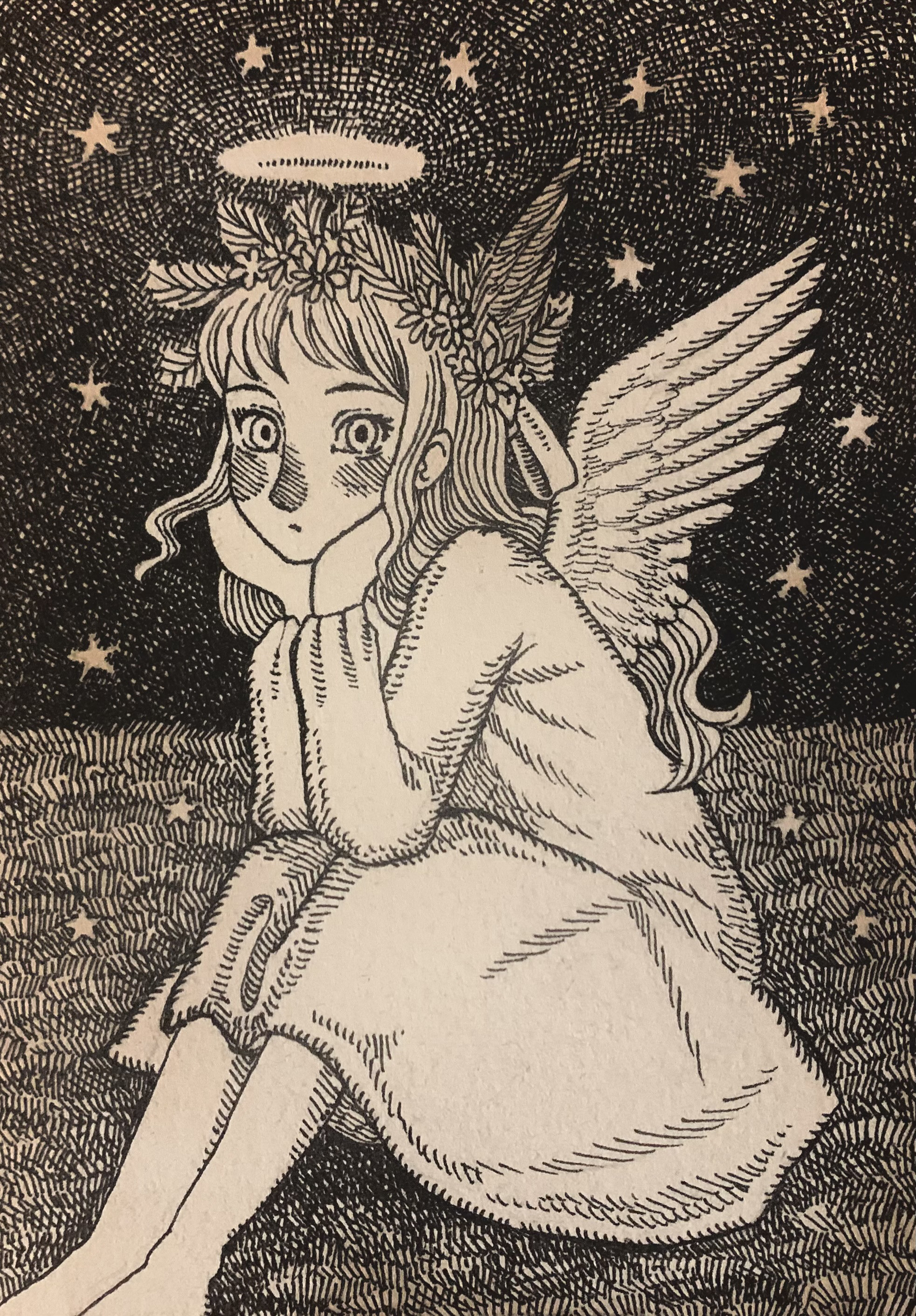 アナログイラスト　手描き　ペン画「天使」