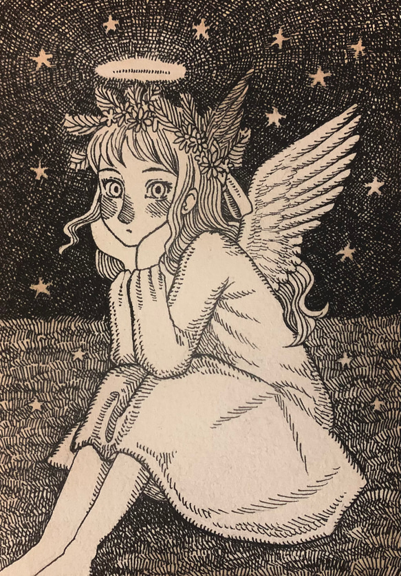 原画】「見つめる天使」ペン画のインテリアアート 女の子 絵画 ソラノ