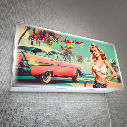 アメ車 ピンナップガール 海 ビーチ キャデラック ガレージ アメリカン