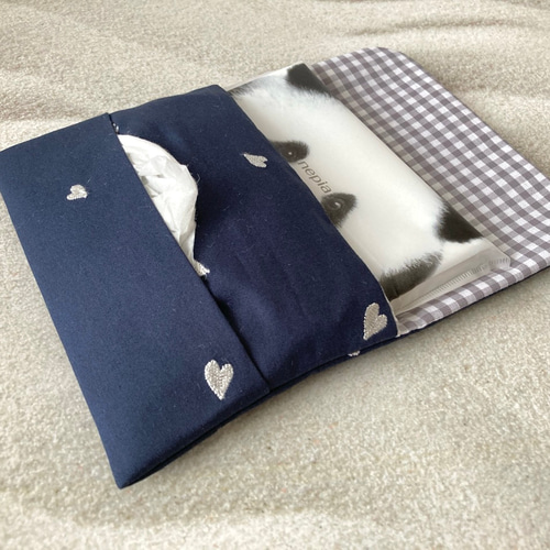 受注制作］ハート刺繍＊ポケットティッシュケース＊ギンガム