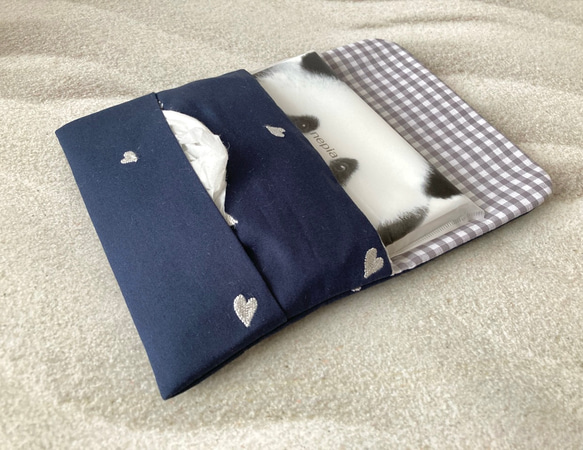 受注制作］ハート刺繍＊ポケットティッシュケース＊ギンガム