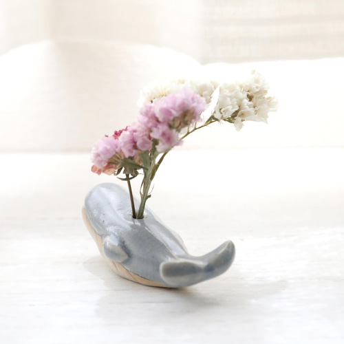 クジラの花挿しオブジェ ブルーグレー ＊ ドライフラワー付き 一輪挿し
