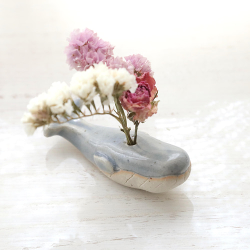 作家物 一輪挿し ドライフラワー インテリア オブジェ 花器 クジラの花挿しオブジェ ブルーグレー ＊ ドライフラワー付き 一輪挿し