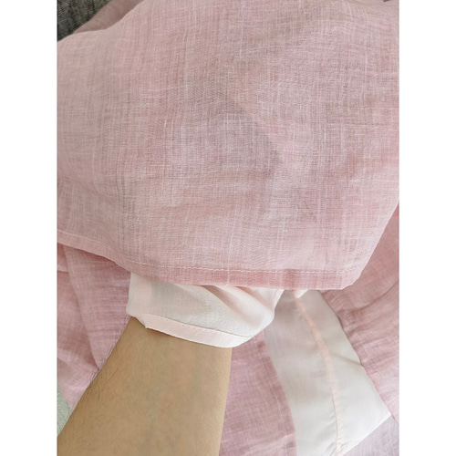 7分袖リネンワンピース 涼しい色ピンクパープルリネンワンピース