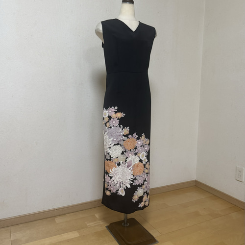 着物リメイク☆紫刺繍ドレス Retica ドレス フラワーレース刺繍切替 大人Aライン フレア