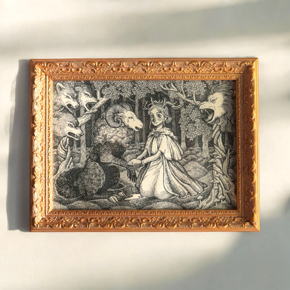 原画一点物】「救い」ペン画 動物と女性のインテリアアート 絵画