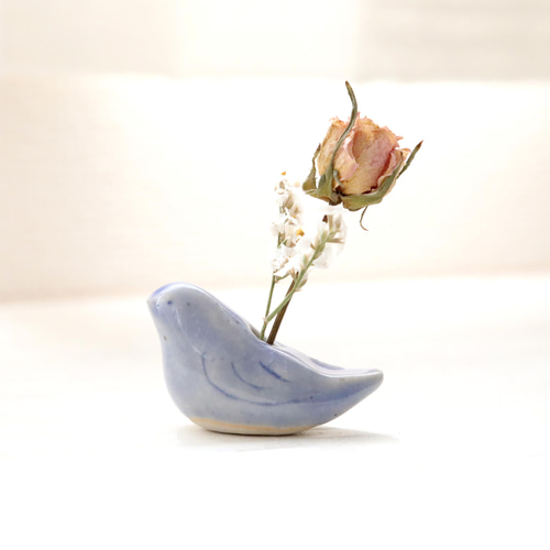 小鳥の花挿しオブジェ シーブルー ＊ ドライフラワー付き