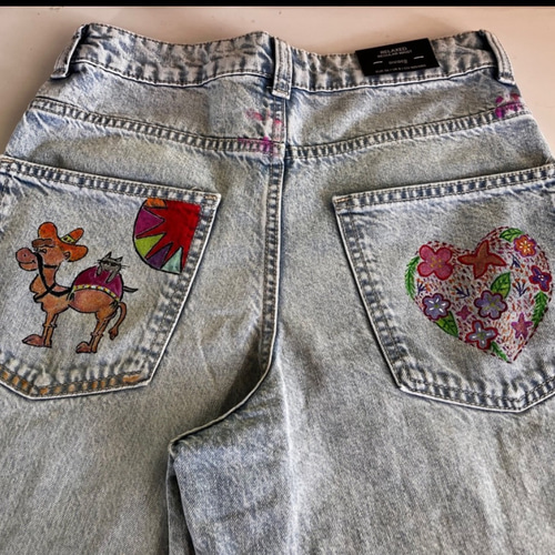 デニム　ペイント　ワンポイントデザイン オリジナルワンポイントデニム 筆アート Mサイズ らくだ ロングパンツ