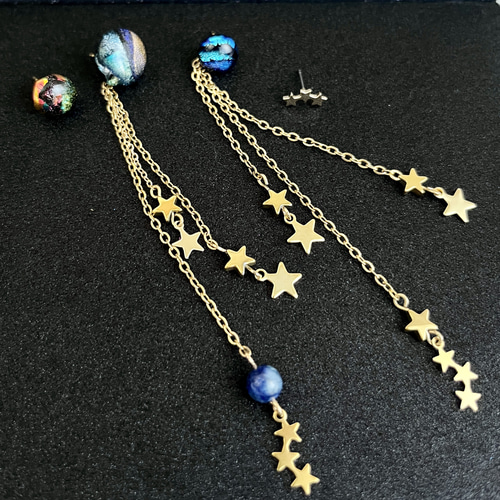銀の月、海王星、火星、星々☆宇宙ガラスピアス 4個セット2way