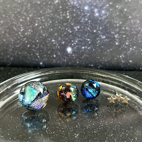 銀の月、海王星、火星、星々☆宇宙ガラスピアス 4個セット2way