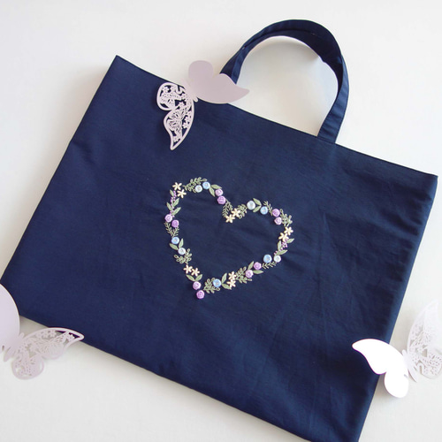 レッスンバッグ ハート 花 刺繍 ネイビー リバティ 女の子