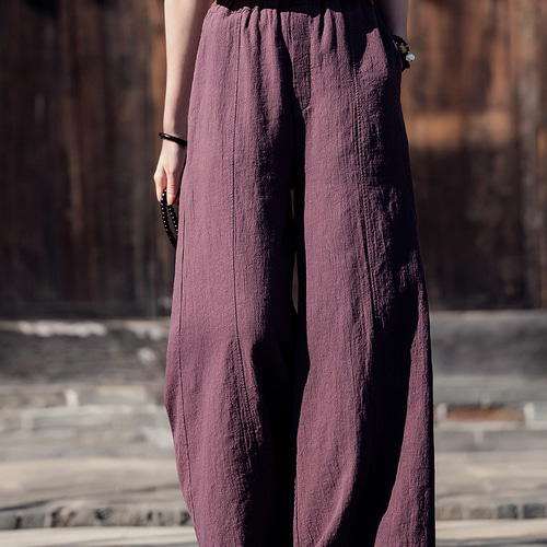 苎麻ワイドパンツ 砂洗綿キュロット #6197紫色 キュロット・ワイド
