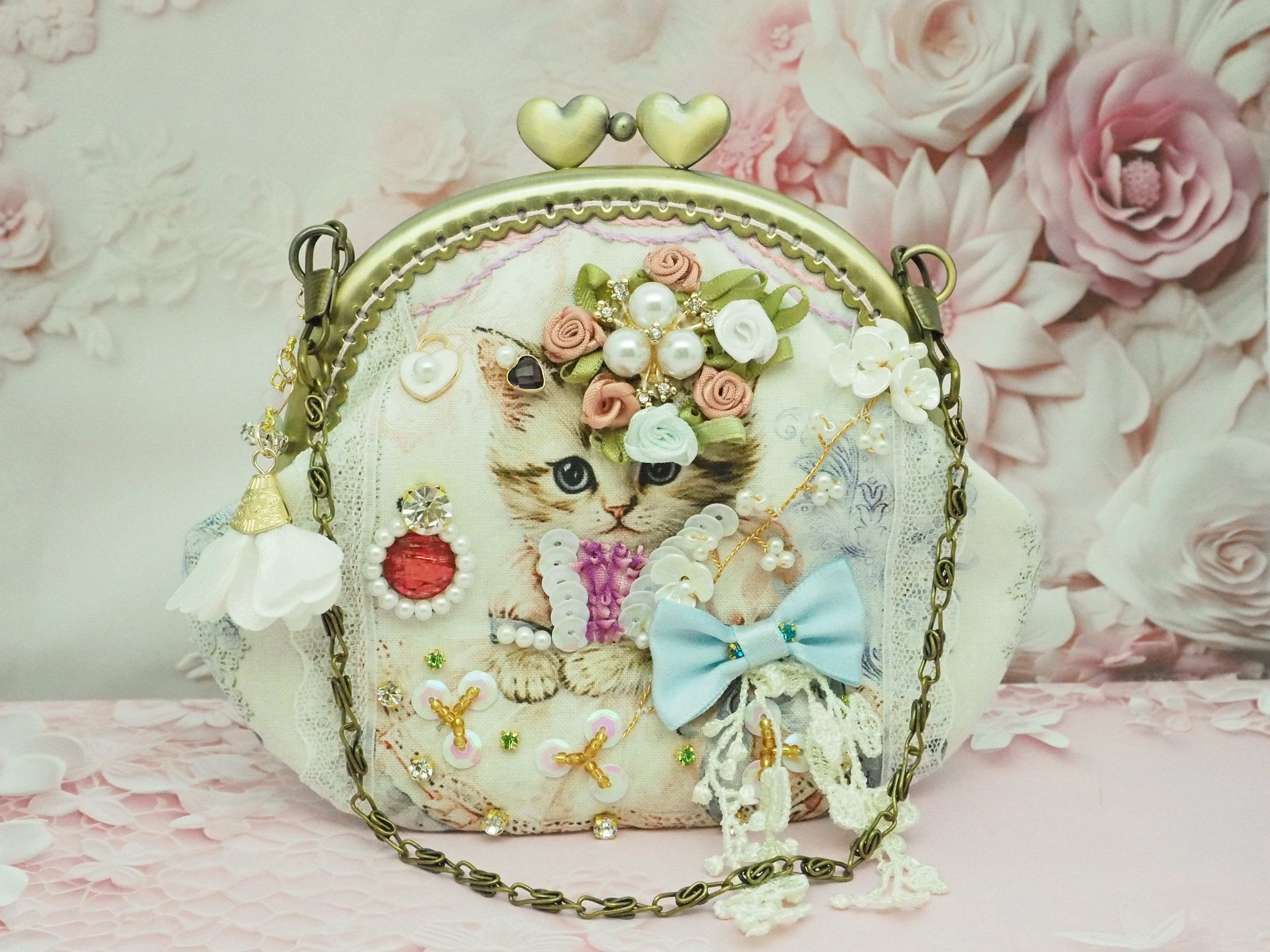 ハンドメイド】がま口バッグ キラキラ蝶々 2点セット #413