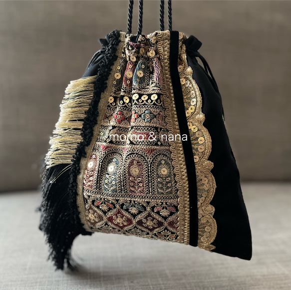インド刺繍巾着バッグ くすみカラー×シャンパンゴールド♡ブラック 黒 