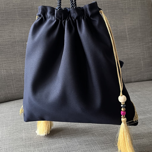 インド刺繍巾着バッグ タッセル フリンジ ネイビー プレゼント