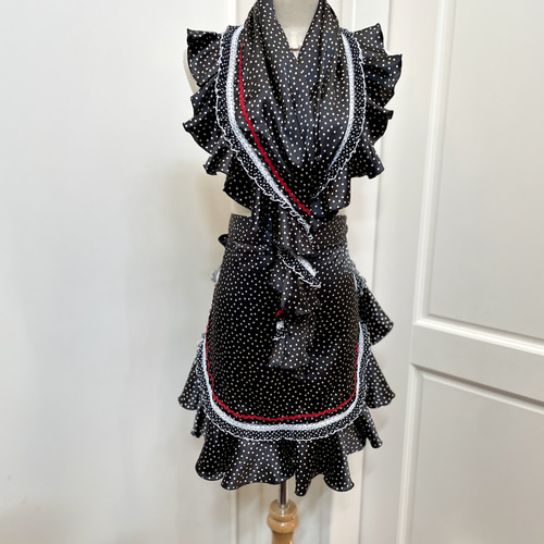 フラメンコ衣装 エプロン・ピキージョセット 黒ピンドット