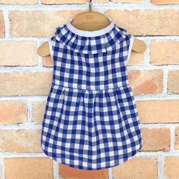 犬服 ハンドメイド ワンピース ギンガムブルー