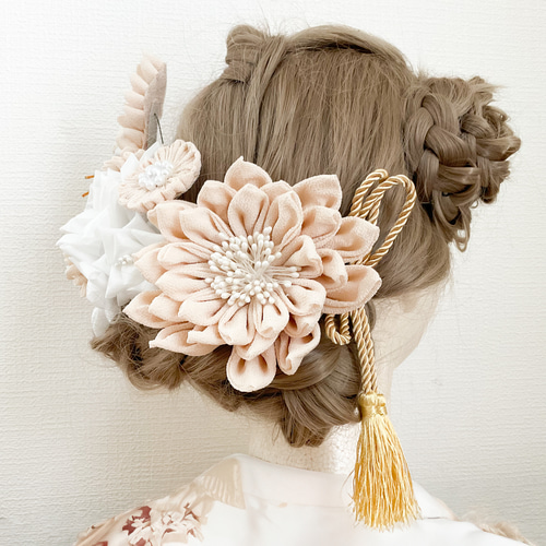 つまみ細工髪飾り 生成 白 花嫁 かんざしセット 鶴 花 ちりめん