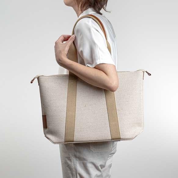 倉敷の綿麻帆布とヌメ革で仕立てた 丈夫で軽量なトートA4 ＜生成り ecru＞ ▶︎ 日本製