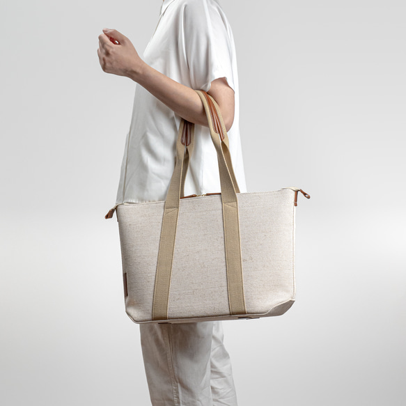 倉敷の綿麻帆布とヌメ革で仕立てた 丈夫で軽量なトートA4 ＜生成り ecru＞ ▶︎ 日本製