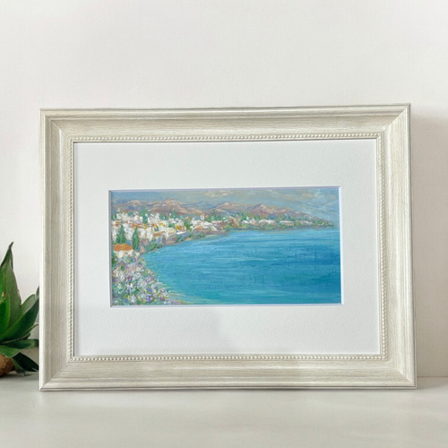 青い地中海(油絵、風景画、スペイン、額付き) 絵画 アトリエま
