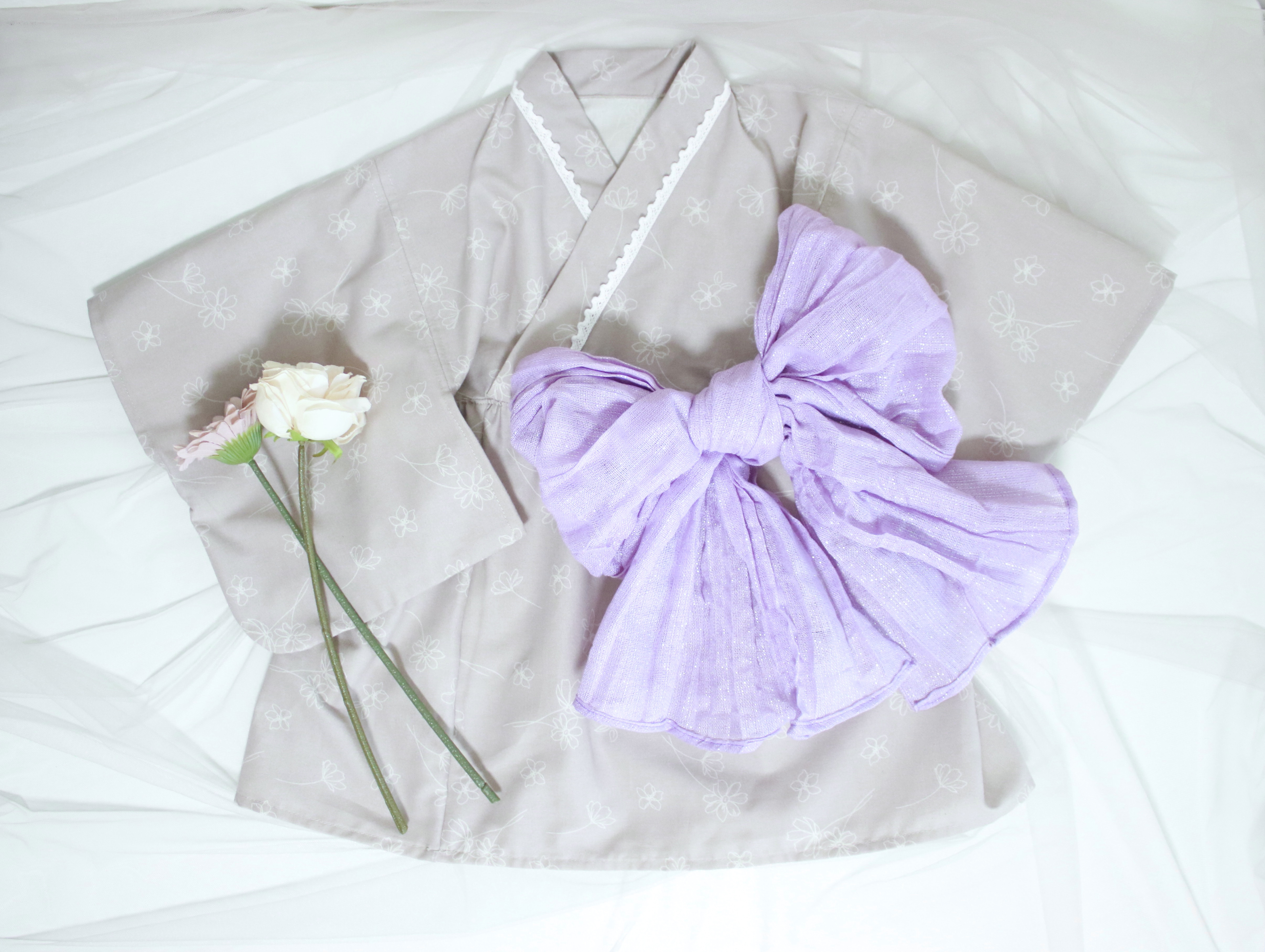 ベビー浴衣　浴衣ワンピース　浴衣風　70〜80 兵児帯セット グレージュ　完成品