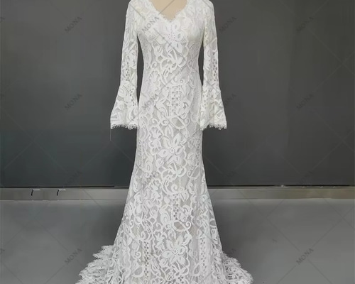 日本製 ヴィンテージ 総レース ウェディングドレス 9号 総レース ウェディングドレス ヴィンテージ袖付きドレス 942