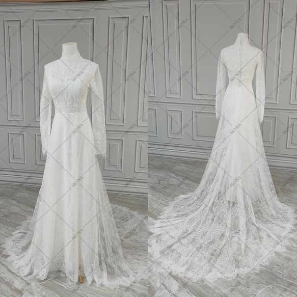 【タイムセール！】 総レース ヴィンテージ袖付き ウェディングドレス ハイネック スーツ・フォーマル・ドレス