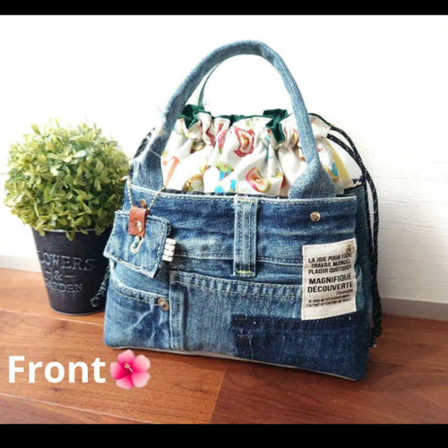 USEDデニムリメイク あおり巾着トートバッグ No.228【DENIM✖️SPRING❤️】デニムリメイクトートバッグ