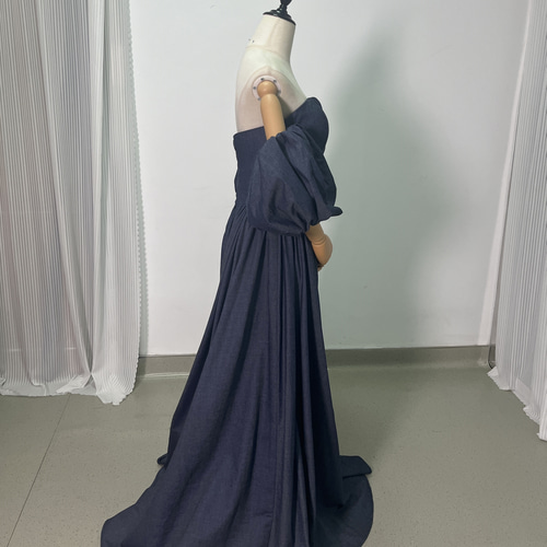 送料無料！パーティードレス デニムドレス パフスリーブ ビスチェ 床