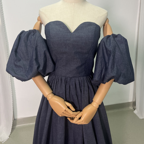 送料無料！パーティードレス デニムドレス パフスリーブ ビスチェ 床