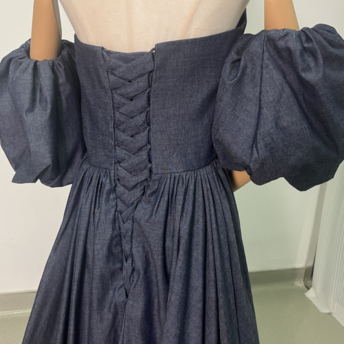 送料無料！パーティードレス デニムドレス パフスリーブ ビスチェ 床