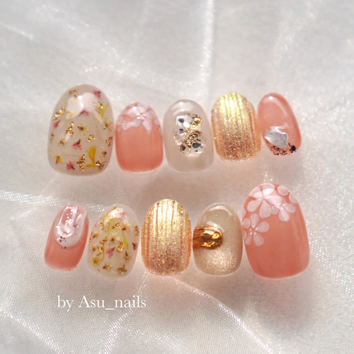 ネイルチップ 《No.110》 フラワーネイル ニュアンスネイル オレンジ 